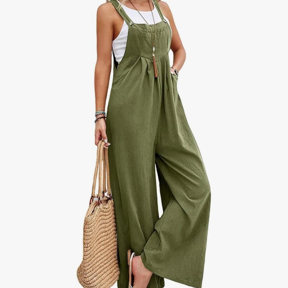 Women’s Olive Green Bib Overall Loose Wide Legs Romper Jumpsuit size XL